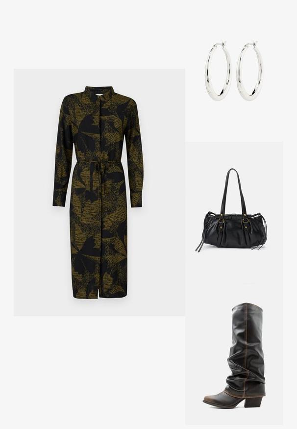 JDY JDYLIZA SHIRT DRESS - Tričkové šaty - winter moss; Vysoká čierna kožená voľná čižma s hnedými akcentmi, špicatou špičkou a nasadeným podpätkom na jednoduchom bielom pozadí.; Čierna kožená kabelka so zaobleným tvarom, dvojitými uchami, dekoratívnymi kovovými prvkami a detailmi so šnúrkami na bokoch. Hladký, lesklý povrch.; Strieborné kruhové náušnice s hladkým, lesklým povrchom. Obľúbený tvar, vybavené bezpečným zapínaním. Jednoduchý a elegantný dizajn.