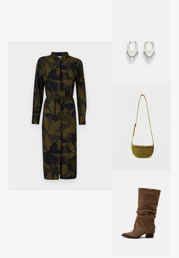 JDY JDYLIZA SHIRT DRESS - Särkkleit - winter moss; Pruun mõnusalt vabama vilduva sääremütsiga poolpikk saabas terava varba, madala plokksanga ja dekoratiivse pandlaga rihmaga pahkluu lähedal, valgel taustal.; Oliiviroheline seemisnahast risti üle keha kantav kott, millel on reguleeritav rihm ja esiküljel lukuga tasku, valgel ühevärvilisel taustal.; Hõbedased südamekujulised lukuvidinad, millel on kohandatud "JAA" ja "EI" tekst, poleeritud viimistlus, sümmeetriline disain ja tugev metallist klamber.