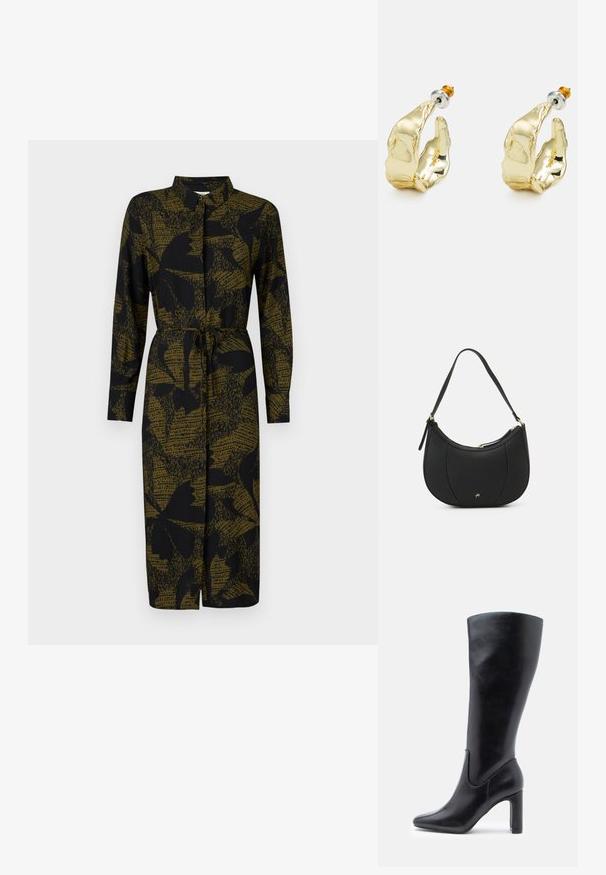 JDY JDYLIZA SHIRT DRESS - Tričkové šaty - winter moss; Čierne kožené čižmy po kolená s elegantným dizajnom, špicatou špičkou a 10 cm hrubým podpätkom, s jemnými detailmi šitia.; Čierna kožená kabelka s zakriveným tvarom, štruktúrovaným povrchom, prednými švami a zlatým logom. Obsahuje jeden nastaviteľný popruh.; Náušnice v zlatej farbe v tvare abstraktných rúk, s lesklým povrchom, zložitými detailmi a strieborným a zlatým podstavcom pre bezpečné upevnenie.