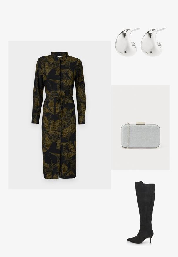 JDY JDYLIZA SHIRT DRESS - Paitamekko - winter moss; Mustat mokkanahkakengät, joissa on korkeaa varren pituutta, terävä kynnen muotoinen kärki, kapea korko ja jämäkkä yläosa. Sileä pinta, minimalistinen muotoilu ilman koristeita.; Metallinhohtoinen hopeanvärinen suorakaiteen muotoinen iltalaukku, jossa on teksturoidun pinnan, hopeaketjusankain ja geometrinen lukko yläosassa. Sileät reunat.; Hopeiset nappikorvakorut, joissa on sileä, kaareva muotoilu. Niissä on kiillotettu pinta ja taustatappi, joka varmistaa turvallisen käytön.