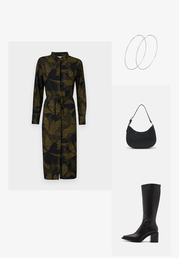 JDY JDYLIZA SHIRT DRESS - Vestido camisero - winter moss; Zign LEATHER - Botas - black; Bolso hobo negro hecho de cuero suave con una silueta curva, que cuenta con una sola correa ajustable y detalles de diseño minimalistas.; Pendientes de aro plateados con un diseño minimalista. Forma circular, textura suave y perfil delgado. Livianos con un acabado pulido.