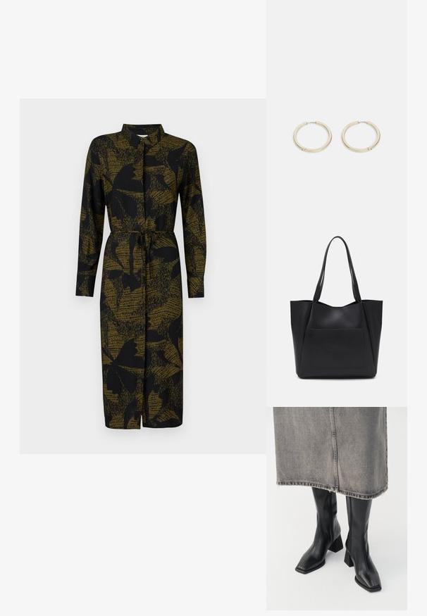 JDY JDYLIZA SHIRT DRESS - Paitamekko - winter moss; Mustat polvipituiset kengät sileästä nahasta, neliskulmaisella kärjellä ja paksulla korolla. Yhdistetty harmaisiin farkkuhameeseen, jossa on revitty helma.; Musta olkalaukku, joka on valmistettu sileästä synteettisestä materiaalista, jossa on kaksi pitkää kahvaa ja etupuolella avoin tasku. Avoin yläosa, jossa on kulmikas muotoilu.; Kultaiset metalliset korvakorut, joissa on sileä ja kiillotettu pinta, turvallinen suljin sekä minimalistinen, pyöreä muotoilu.