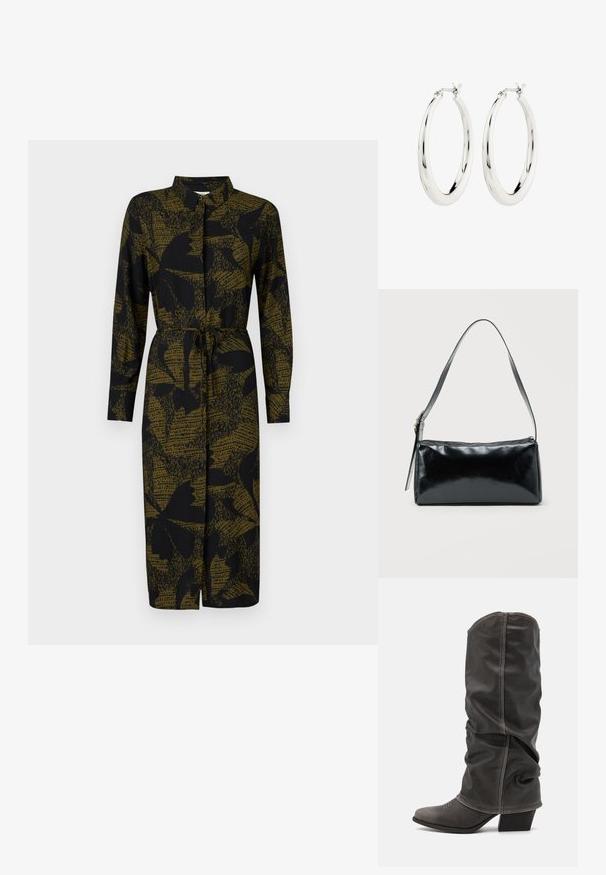 JDY JDYLIZA SHIRT DRESS - Tričkové šaty - winter moss; Sivé kožené čižmy po lýtka s voľným dizajnom, špicatou špičkou a poskladaným podpätkom. Výrazné šitie v oblasti špičky.; Čierna obdĺžniková kabelka na rameno s jedným nastaviteľným remienkom a horným zipsom na jednofarebnom pozadí.; Strieborné kruhové náušnice s hladkým, lesklým povrchom. Obľúbený tvar, vybavené bezpečným zapínaním. Jednoduchý a elegantný dizajn.
