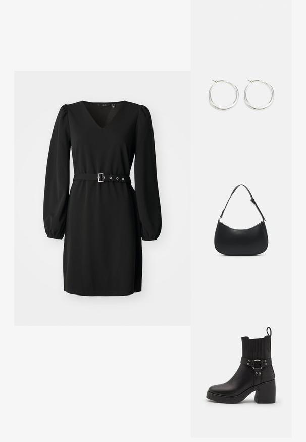 Vestido negro con escote en V y mangas largas abullonadas. Presenta una cintura entallada con un cinturón y hebilla de plata, hecho de un tejido de textura suave.; Bota de cuero negro hasta el tobillo con tacón cuadrado, que presenta un panel elástico lateral, una correa decorativa con un acento metálico circular y detalles de costura.; Pieces PCALUANA SHOULDER BAG - Bolso de mano - black; Los pendientes de aro de plata presentan un diseño suave y redondeado con un perfil delgado y un cierre seguro. Estilo minimalista con un acabado pulido.