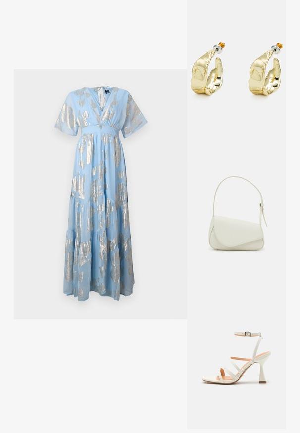 Lichtblauwe maxi-jurk met zilveren abstracte patronen, korte pofmouwen, V-hals en gelaagde rok. Zachte stof met een vloeiende uitstraling.; Witte sandaal met hoge hakken en straps, met een enkelgesp, een gladde textuur, vierkante neus en een sculptuurhak. Lichtbeige binnenzool.; Witte nepleren handtas met een gestructureerde driehoekige vorm, een enkele verstelbare schouderriem en een klep met ronde accenten.; Goudkleurige oorbellen in de vorm van abstracte handen, met een glanzend oppervlak, ingewikkelde details en een zilver- en goudkleurige post voor een veilige bevestiging.