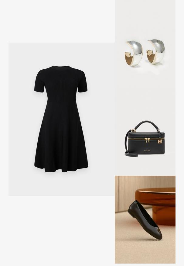 Vestido negro de punto con cuello redondo, mangas cortas, cuerpo acanalado y falda acampanada. Textura suave, sin patrones ni acentos visibles.; Bailarina plana de cuero negro con punta redonda y emblema de logo dorado cerca de la punta, exhibida sobre una alfombra beige y un fondo de muebles marrones.; Bolso rectangular negro de Michael Kors con asa superior, cremallera dorada y logo, y bandolera desmontable sobre fondo gris.; Uncommon Matters SCULPTED CREOLE - Pendientes - silver-coloured/gold-coloured
