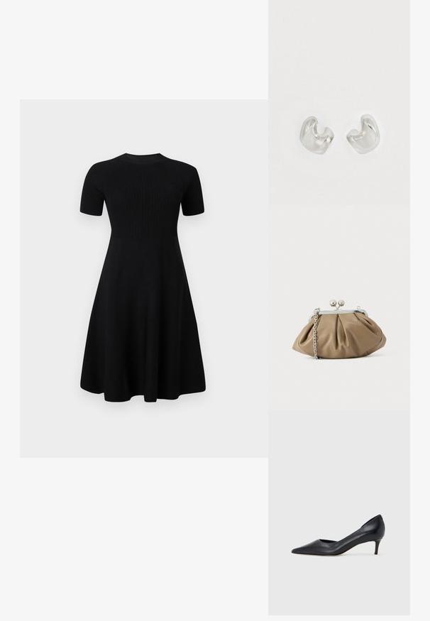 Vestido negro de punto con cuello redondo, mangas cortas, cuerpo acanalado y falda acampanada. Textura suave, sin patrones ni acentos visibles.; Zapato de tacón bajo de cuero negro con punta puntiaguda. Presenta una textura lisa y un brillo sutil. Corte abierto en la parte frontal para un detalle adicional.; Clutch de cuero en beige suave con forma redondeada, textura plisada, cierre de broche plateado y una correa de cadena desmontable.; Pendientes de metal plateado con un diseño suave y curvado. Acabado brillante, con dos formas asimétricas que se entrelazan parcialmente.