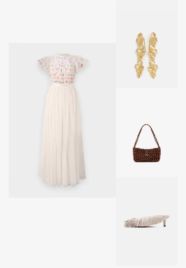 Robe maxi blanche avec un corsage brodé de fleurs, des manches bouffantes et une jupe en tulle texturé à plusieurs couches, ornée de pois.; Mule en daim beige avec talon bas style kitten et franges superposées couvrant la tige, présenté de profil sur un fond blanc.; Sac à main marron composé de perles en bois interconnectées avec une seule bandoulière et une fermeture en cuir sombre ornée d'un petit fermoir décoratif en or.; Boucles d'oreilles en or conçues sous forme de feuilles en cascade, présentant des motifs de feuilles détaillés et une finition métallique brillante. Légères avec une structure délicate.