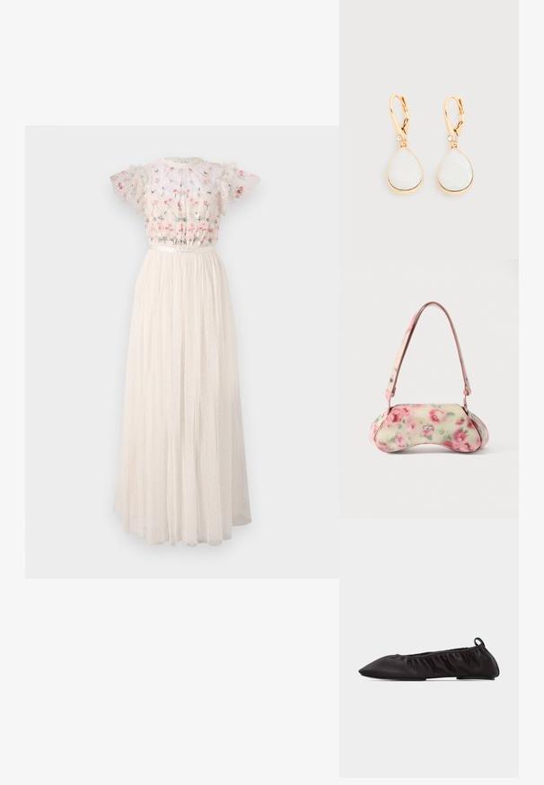 Robe maxi blanche avec un corsage brodé de fleurs, des manches bouffantes et une jupe en tulle texturé à plusieurs couches, ornée de pois.; Ballerine plate en cuir noir souple avec bout pointu, côtés élastiqués froncés et languette de tirage au talon sur fond blanc.; Sac à main imprimé floral de forme incurvée, principalement crème avec des roses roses, doté d'une bandoulière rose et d'un accent logo argenté. Texture lisse.; Boucles d'oreilles pendantes en ton or avec des pierres blanches en forme de goutte et de petits cristaux clairs au-dessus des fermoirs sur un fond clair.