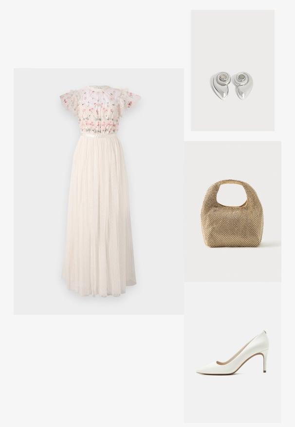 Robe maxi blanche avec un corsage brodé de fleurs, des manches bouffantes et une jupe en tulle texturé à plusieurs couches, ornée de pois.; Escarpin blanc en cuir à bout pointu avec talon aiguilles fin et haut, finition lisse, vu de profil sur fond clair uni.; Petit sac à main doré recouvert de clous ronds brillants avec une poignée courte et une découpe rectangulaire en haut.; Paire de boucles d’oreilles métalliques argentées brillantes avec un design en spirale et une pierre circulaire au centre sur un fond blanc uni.