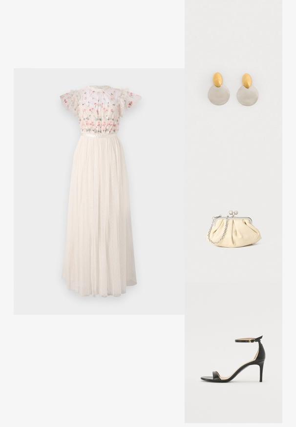 Robe maxi blanche avec un corsage brodé de fleurs, des manches bouffantes et une jupe en tulle texturé à plusieurs couches, ornée de pois.; Sandale à talons hauts en cuir noir avec une lanière de cheville. Présente une texture lisse, un bout ouvert et un talon fin. Détail de boucle en ton doré.; Pochette en cuir beige plissé avec un cadre en métal argenté, dotée de deux fermoirs ronds décoratifs et d'une chaîne en argent.; Boucles d'oreilles en métal doré et argenté avec une base en disque rond et une pièce supérieure ovale, texture lisse et finition polie.
