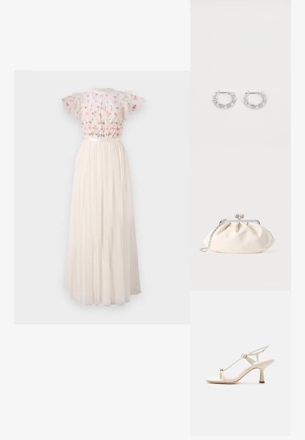 Robe maxi blanche avec un corsage brodé de fleurs, des manches bouffantes et une jupe en tulle texturé à plusieurs couches, ornée de pois.; Sandale à talon haut beige avec fines lanières, boucle réglable, détail anneau d'orteil, et talon bloc effilé sur une surface plane.; Pochette en tissu crème avec un design froncé, cadre en métal argenté, deux boules décoratives, et une bandoulière chaîne argentée.; Boucles d'oreilles en argent en forme de créoles avec des accents de perles et de cristaux, présentant une surface texturée et une fermeture à tige sécurisée.