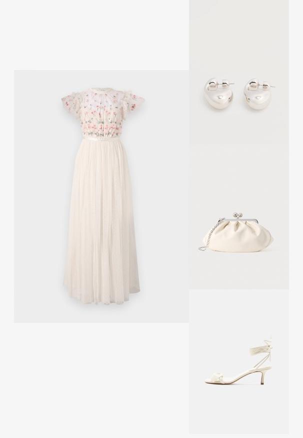 Robe maxi blanche avec un corsage brodé de fleurs, des manches bouffantes et une jupe en tulle texturé à plusieurs couches, ornée de pois.; Sandale à talon bas de couleur crème avec des liens à nouer autour de la cheville et une large bride torsadée sur les orteils, sur un fond blanc uni.; Pochette en tissu crème avec un design froncé, cadre en métal argenté, deux boules décoratives, et une bandoulière chaîne argentée.; Paire de boucles d'oreilles argentées brillantes et épaisses avec fermoirs à tige, sur fond blanc uni.