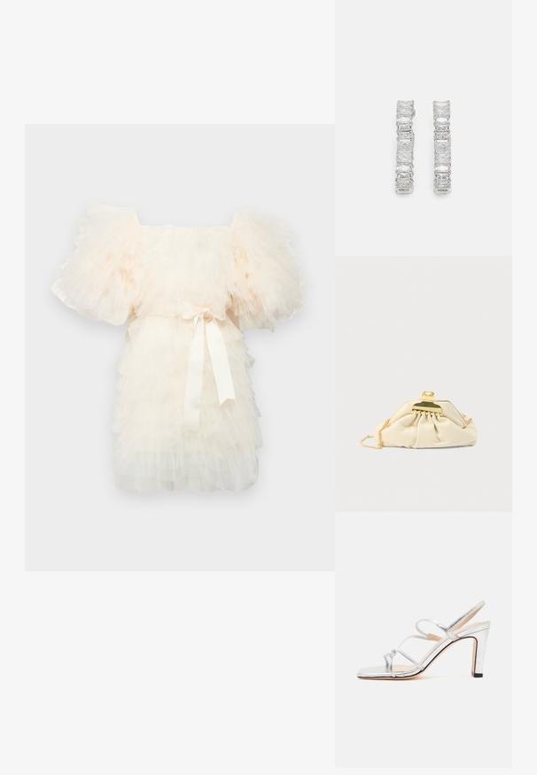Ida Sjöstedt EXCLUSIVE CRYSTAL DRESS - Kokteilikleit/peokleit - ivory; Hõbedane kõrge kontsaga sandaal, millel on kolm õhukest rihma ja avatud varvas, näidatud küljelt tavalise valge taustaga.; Kreemikas käekott pehmest materjalist, millel on kuldne klamber ja kett-õlarihm, kehaosale kogutud disain.; Hõbedased kõrvarõngad, millel on rida neljakujulisi selgeid kive, paigutatud sirgesse joone ja poleeritud viimistlusega.