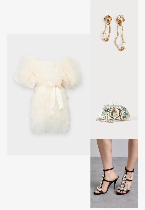 Ida Sjöstedt EXCLUSIVE CRYSTAL DRESS - Cocktailkjole / festkjole - ivory; Sorte højhælede sandaler med satinremme og store runde rhinestone-primær ved buen og anklen, åben tå-design.; Lille stofpung med blomsterperlebroderi, metalramme og sølvkæde på en ensartet lys baggrund.; Øreringe i guldtone med uregelmæssige åbne former, hver med en perle i bunden og ædelstensdetaljer på de runde nitter.