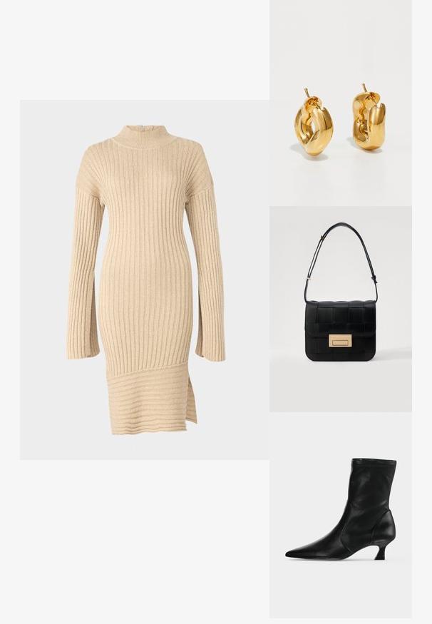 Beige ribbet strikkjole med en mock neck, lange ærmer med en løs pasform og en sideslids ved kanten, der viser et struktureret design.; Sort læderstøvle til midt på læggen med spids tå og lav kittenhæl, vist fra siden på en ensartet lys baggrund.; Loeffler Randall DESI CROSSBODY WITH LOCK HARDWARE - Skuldertasker - black; Chunky guld hoop øreringe med et let snoet, rørformet design og postsystem bagpå, på en hvid baggrund.