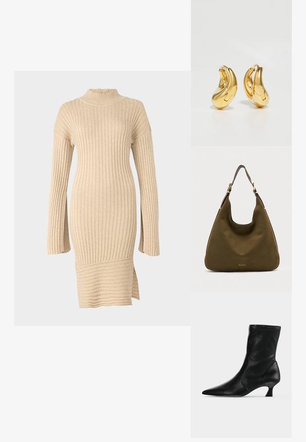 Robe en tricot côtelé beige avec un col montant, des manches longues à coupe décontractée et une fente sur le côté au bas, mettant en valeur un design texturé.; Botte mi-mollet en cuir noir avec bout pointu et petit talon kitten, vue de profil sur un fond clair uni.; Sac bandoulière en cuir vert olive avec quincaillerie dorée et sangle réglable, logo Michael Kors au centre devant.; Boucles d'oreilles en or en forme de d'anneaux lisses et courbés avec une finition polie. Équipées d'un mécanisme de fermeture et de légères indentations pour le détail.
