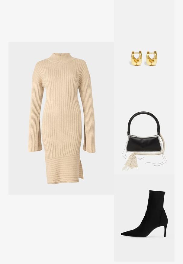 Vestido de punto acanalado beige con cuello simulado, mangas largas de corte relajado y abertura lateral en el dobladillo, que muestra un diseño texturizado.; Botín negro hasta el tobillo con punta afilada y tacón alto y delgado, mostrado de perfil sobre un fondo claro. Diseño elegante y minimalista.; Bolso de cuero negro con un asa redondeada, cremallera plateada, ribete de piel de oveja blanca, y un largo borlón crema unido a la parte delantera.; Pendientes de aro de oro con un diseño elegante y redondeado. Presentan un centro hueco y una superficie brillante, complementando estilos modernos.