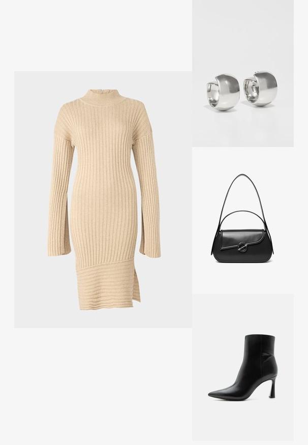 Beiges, geripptes Strickkleid mit einem Stehkragen, langen Ärmeln in lockerer Passform und einem seitlichen Schlitz am Saum, das ein strukturiertes Design zeigt.; Schwarzer Leder-Knöchelstiefel mit spitzer Spitze und schlankem, hohem Stilettoabsatz, seitlich auf weißem Hintergrund gezeigt.; Schwarze Lederschultertasche mit einer geschwungenen Klappe, die durch einen runden Metallverschluss gesichert ist, und einem schlanken, verstellbaren Riemen.; Uncommon Matters SCULPTURAL LARGE CREOLE - Ohrringe - silver-coloured