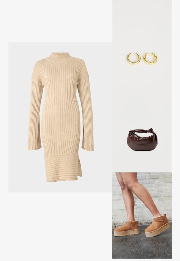 Beige ribbet strikkjole med en mock neck, lange ærmer med en løs pasform og en sideslids ved kanten, der viser et struktureret design.; Brune ruskinds ankelsko med en blød foring, tyk beige plattformsål og en bageste løkke. Tekstureret overflade med synlige sømdetaljer.; Mørkebrun læder skuldertaske med en blød, afslappet form og et snoet knudehåndtag på en ensartet hvid baggrund.; Guldøreringe med en glat, reflekterende overflade, med et rundet, kraftigt design og en hængsel-lukning for nem påføring.