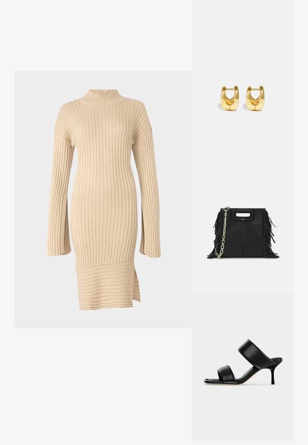 Vestido de punto acanalado beige con cuello simulado, mangas largas de corte relajado y abertura lateral en el dobladillo, que muestra un diseño texturizado.; Sandalia mule de cuero negro con dos tiras anchas y un tacón de aguja delgado de altura media sobre un fondo claro y sencillo.; Bolso de mano de cuero negro con detalles de flecos, correa de cadena dorada para el hombro y un asa con corte. Presenta una colocación del logotipo en la parte frontal.; Pendientes de aro de oro con un diseño elegante y redondeado. Presentan un centro hueco y una superficie brillante, complementando estilos modernos.