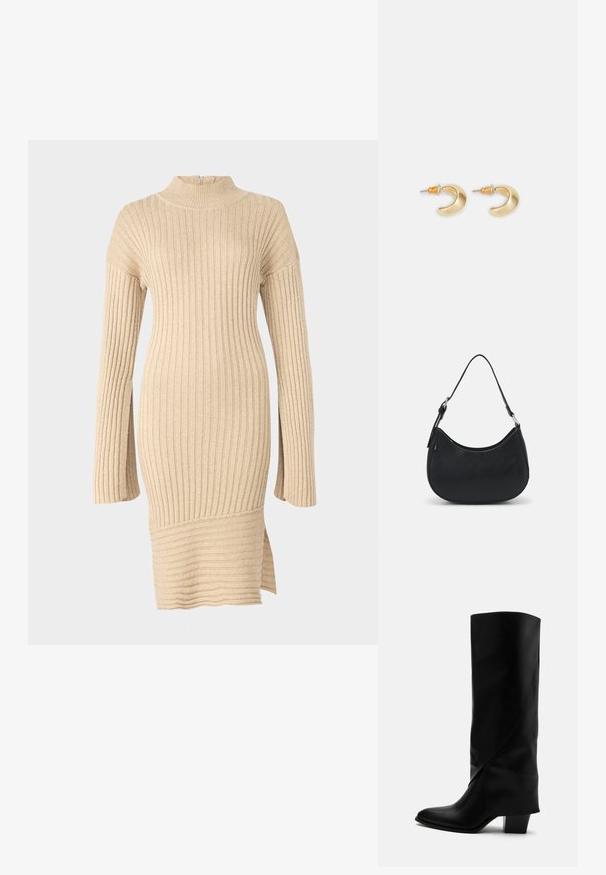 Beige ribbet strikkjole med en mock neck, lange ærmer med en løs pasform og en sideslids ved kanten, der viser et struktureret design.; Høj sort læderstøvle med skråt syning, spids tå og kraftig mellemhøj hæl på hvid baggrund.; Sort hobo taske lavet af glat læder med en buet silhuet, der har en enkelt justerbar skulderrem og minimalistiske designdetaljer.; Guld halvmåneformede øreringe med en glat overflade, der har orange accenter nær stiften og sølv hardware.