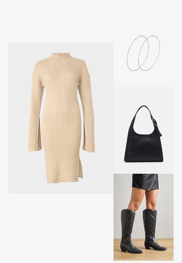 Vestido de punto acanalado beige con cuello simulado, mangas largas de corte relajado y abertura lateral en el dobladillo, que muestra un diseño texturizado.; Botas negras hasta la rodilla, hechas de cuero suave, con punta afilada, tacón bajo cuadrado y cremallera lateral para facilitar el uso.; Bolso tote de cuero negro con textura suave, cuerpo redondeado y una sola correa de hombro con un acento de hardware dorado circular.; Pendientes de aro plateados con un diseño minimalista. Forma circular, textura suave y perfil delgado. Livianos con un acabado pulido.