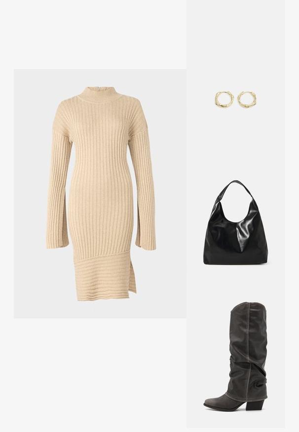 Beige ribbet strikkjole med en mock neck, lange ærmer med en løs pasform og en sideslids ved kanten, der viser et struktureret design.; Grå læder støvler op til læggen med et slouchy design, spidse tæer og stablet hæl. Bemærkelsesværdig syning detalje ved tåområdet.; Sort læder hobo taske med en blød, skinnende tekstur og en rund, åben top. Har en bred, buet strop til bæring. Ingen synlig hardware.; Gul hoop ørestikker med en struktureret, uregelmæssig form. Har en sømløs lukning og en poleret overfladefinish, der fremhæver et moderne design.