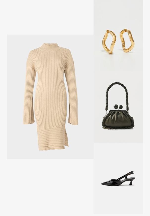 Beige ribbet strikkjole med en mock neck, lange ærmer med en løs pasform og en sideslids ved kanten, der viser et struktureret design.; Sort laklæderslingback med lille hæl, spids tå og justerbar guldlåsrem på hvid baggrund.; Olivengrøn læderhåndtaske med flettet håndtag og sølvhardware, med en samlet design og runde låsedetaljer på toppen.; Guldfarvede hoops øreringe med en buet, uregelmæssig form og en glat, poleret overflade. Ingen synligt hardware eller dekorationer.