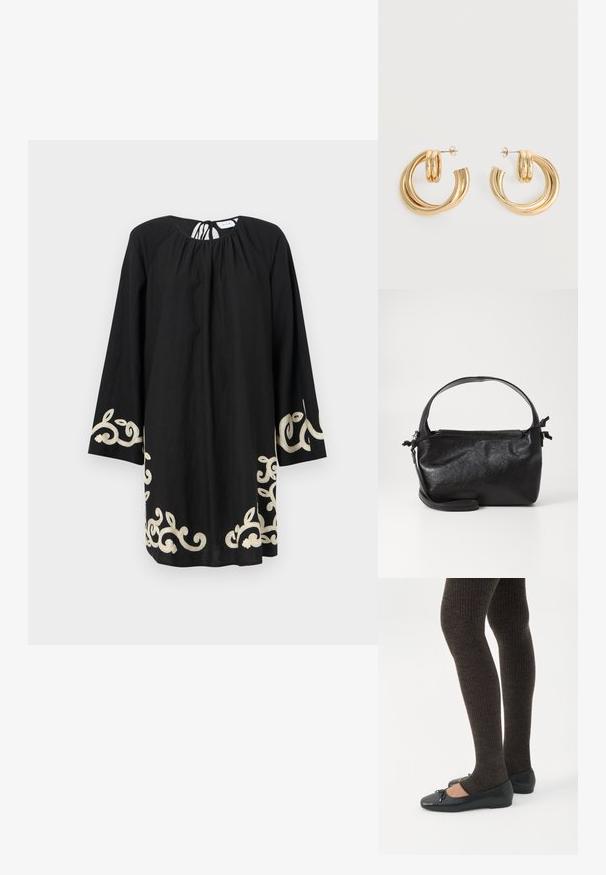 Mustast pikkade varrukatega tuunika, millel on äärte ja mansettide ääres valge dekoratiivne tikand. Pehme kangas ja lõdvestunud istuvus. Tagaküljel on pael.; Jalad seljas tumedad soonelises soonelises kombines mustade baleriinadega, millel on väikesed paelade detailid valgel taustal.; Must mustrikujundusega must nahast käekott, ümarate pealmiste käepidemete ja eemaldatava õlalihaga. Omab siledat tekstuuri ja peent sära.; Sädelevad kuldsed topeltringidega kõrvarõngad postitaga valgel taustal.