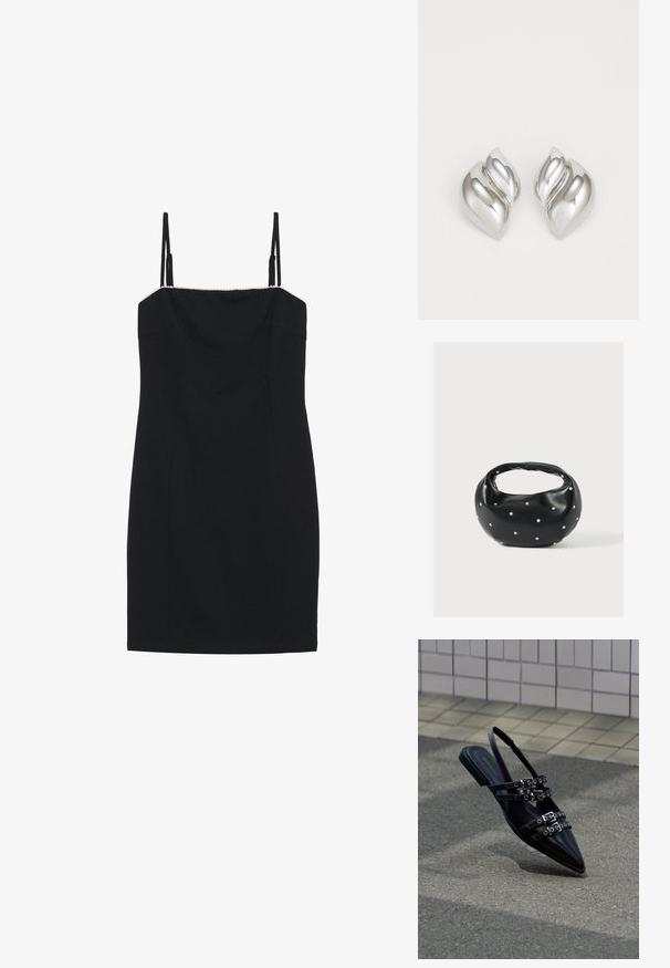 Sort minikjole med tynde stropper og en lige halsudskæring. Har en tætsiddende silhuet og en struktureret kant langs halsudskæringen.; Sort flad sandal med spids tå, flere remme med spænder og slingback, placeret over et belagt underlag og flisevæg som baggrund.; Sort læderhåndtaske med en rundet form, dekoreret med sølvnitter, og et kort håndtag. Glat tekstur og lynlåslukning.; Sølvøreringe med en organisk, abstrakt form. Glat, skinnende overflade med et tilspidset design. Har subtile kurver og en centrallinje detalje.