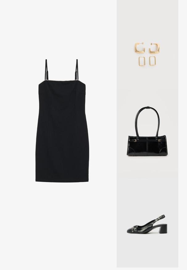Sort minikjole med tynde stropper og en lige halsudskæring. Har en tætsiddende silhuet og en struktureret kant langs halsudskæringen.; Sorte læder slingback hæl med spids tå, tekstureret rem med cirkulære metalliske accenter, og en stablet blokhæl.; Glansfuld sort rektangulær håndtaske med to tynde skulderremme og små guldbeslag foran.; To par guldfarvede geometriske hoop-øreringe på en ensfarvet hvid overflade, et par firkantede og solide, et par rektangulære og hule.