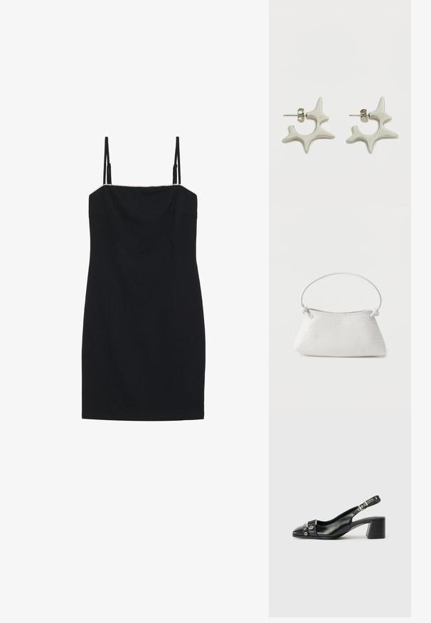 Zwart mini-jurk met dunne spaghettibandjes en een rechte halslijn. Heeft een aansluitende pasvorm en een geprofileerde rand langs de halslijn.; Zwart leren slingback hak met een spitse neus, eenTextuur strap met cirkelvormige metalen accenten en een gestapelde blokhak.; Witte handtas van gevlochten leer met een afgeronde handgreep en uiteinden van de band die geknoopt zijn, afgebeeld tegen een effen achtergrond.; Zilveren oorbellen met een kenmerkend, abstract ontwerp met onregelmatige vormen en een glanzende afwerking. Voorzien van stekerij om vast te maken.