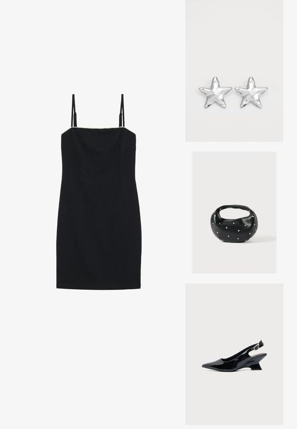 Schwarzes Mini-Kleid mit dünnen Trägern und geradem Ausschnitt. Es hat eine taillierte Silhouette und einen strukturierten Saum entlang des Ausschnitts.; Schwarzer Slingback-Schuh aus Lackleder mit spitzer Spitze und niedrigem, schrägem Blockabsatz auf einfachem hellem Hintergrund.; Schwarze Lederhandtasche mit abgerundeter Form, verziert mit silbernen Nietenakzenten und kurzem Griff. Glatte Struktur und Reißverschlussverschluss.; Silberne sternförmige Ohrringe mit einer polierten, glänzenden Oberfläche. Jeder Ohrring hat fünf Spitzen und dezente Oberflächentexturdetails.