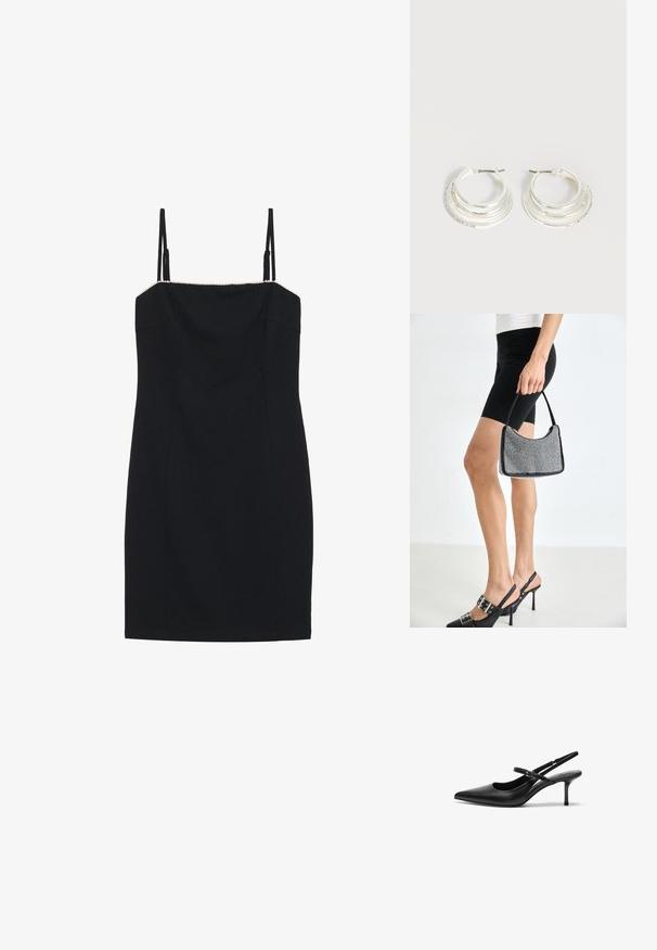 Robe mini noire à fines bretelles et décolleté droit. Présente une silhouette ajustée et un bord texturé le long du décolleté.; Talons aiguilles noires en cuir avec un bout pointu, une fine bride réglable, et un talon aiguille d'environ 5 cm, texture lisse.; Sac à main à perles noires avec une silhouette courbée, une poignée de transport et une texture brillante. Porté avec des chaussures à talons hauts noires et un short noir ajusté.; Boucles d'oreilles créoles en argent avec trois bandes semi-circulaires superposées, dont une ornée de petits cristaux clairs sur un fond clair.