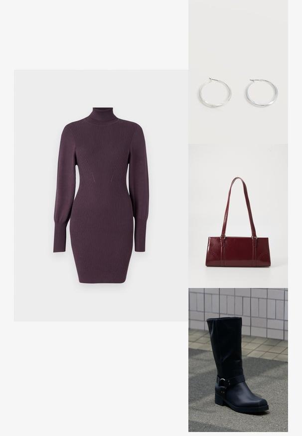 Sünnitud kõrge kaelusega kleit sügavas lilas, millel on ribakujuline tekstuur, slim-fit lõige ja pikad varrukad, millel on toestatud mansetid. Sile kangas, minimaalne detailide arv.; Must nahktõlvik keskmise vasikaosa kõrgusega, madala plokksanga ja kaunistava metallkinnitusega rihmaga ümber pahkluu, plaaditud kõnniteel.; Burgundia värvi käekott, mis on valmistatud läikivast materjalist, ristküliku kujuline, kahe õlapaelaga ning ees on peened kaarjad aktsendid.; Hõbedased metallist rõngakujulised kõrvarõngad, millel on sile, kergelt kaarduv pind ja lukustuvad tagused kinnitused, valgel taustal.