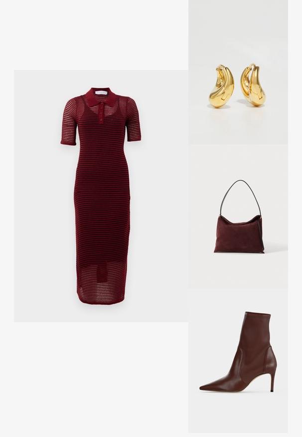 Bordeaux Polo-Kleid mit kurzen Ärmeln, ausgestattet mit einem gestreiften Design, Knopfleiste und mittellanger Länge, aus leichtem Stoff gefertigt.; Dunkelbrauner Lederstiefelette mit spitzer Spitze und schlankem hohen Absatz vor einem schlichten hellen Hintergrund.; Weiche weinrote Wildlederhandtasche mit schwarzem Schulterriemen und goldfarbenen Beschlägen, dargestellt auf weißem Hintergrund.; Goldene Creolen mit einer glatten, geschwungenen Form und polierter Oberfläche. Mit einem Verschlussmechanismus und leichten Einkerbungen für Details.