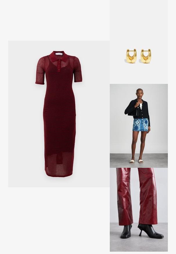 Bordeaux polo kjole med korte ærmer, præget af et stribet design, knaplukning og midi-længde, lavet af letvægtsstof.; Sorte ankelstøvler med højhælede og spidse tæer, i en vinkelret design, parret med højtaljede røde læderbukser med et subtilt mønster.; Sort striktrøje, hvid top, denimnederdel med blå og sort diamantmønster, sort håndtaske og beige slidesandaler.; Guld hoops øreringe med et slankt, afrundet design. Har en hul midte og en blank overflade, der komplementerer moderne stilarter.