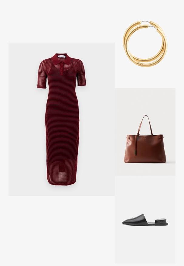 Burgundia värvi polo’id dress, lühikeste varrukatega, triibulise disainiga, nööpide ridadega ning midi pikkuses, valmistatud kerge kangaga.; Mustast nahast libisevad puanikud terava ninaga, minimaalne disain ja tekstureeritud tagumine konts. Sile pind ja lame tald.; Pruun nahast õlakott, sileda tekstuuriga, minimalistliku disainiga, pikkade sangade ja väikese dekoratiivse tutiga.; Paar siledaid, poleeritud kuldseid kõrvarõngaid õhukeste kinnitustega valgel taustal.