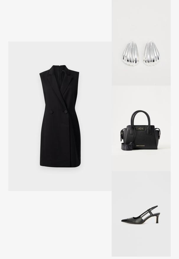 Schwarzes ärmelloses Blazerkleid mit taillierter Passform, doppelter Knopfleiste und glatter Textur. Verfügt über einen Reißverschluss auf der Rückseite für ein einfaches Anziehen.; Schwarzer Slingback-Schuh aus Leder mit spitz zulaufender Zehenpartie, versehen mit glänzendem Akzent auf der Vorderkappe und mittelhohem Absatz. Offenes Seitendesign.; Schwarze Armani Exchange Handtasche mit zwei Griffen, goldenem Markenlogo auf der Vorderseite und einem breiten schwarzen verstellbaren Schulterriemen mit Armani-Schriftzug.; Ein Paar glänzende silberne, gerippte muschelförmige Ohrringe auf einem schlichten weißen Hintergrund, die reflektierende und glatte Oberflächen zeigen.