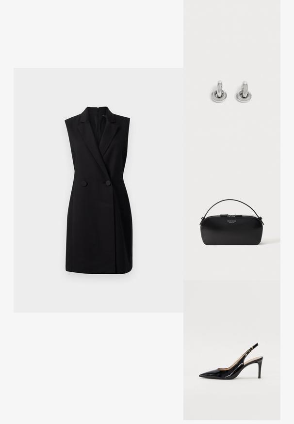 Schwarzes ärmelloses Blazerkleid mit taillierter Passform, doppelter Knopfleiste und glatter Textur. Verfügt über einen Reißverschluss auf der Rückseite für ein einfaches Anziehen.; Schwarz lackierte Slingback-Pumps mit spitzem Zehenbereich, schlankem Absatz und einem subtilen Ausschnittdesign. Verfügt über eine goldene Schnalle am Riemen.; Schwarze Leder-Armbandtasche mit silbernem Reißverschluss und kurzem Griff, geprägtes Emporio Armani Milano 1981-Logo auf der Vorderseite.; Paar kleine, glänzende silberne Creolen mit rundem Sockel, auf einfachem hellem Hintergrund präsentiert.