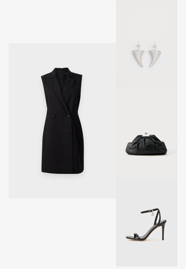 Schwarzes ärmelloses Blazerkleid mit taillierter Passform, doppelter Knopfleiste und glatter Textur. Verfügt über einen Reißverschluss auf der Rückseite für ein einfaches Anziehen.; Schwarze High-Heel-Sandale mit schmalem Knöchelriemen, quadratischer Zehenbox, glattem Leder und metallischem Schnallenakzent.; Schwarze Leder-Clutch mit geraffter Textur, Metallverschluss und dezentem, auf der Vorderseite geprägtem Logo. Abgerundete Form.; Silberne, hornförmige Ohrringe, besetzt mit kleinen klaren Steinen, mit einem Steckverschluss zur Befestigung. Glatte Textur und metallisches Finish.