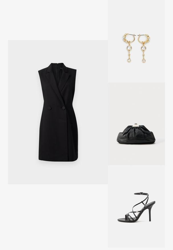 Schwarzes ärmelloses Blazerkleid mit taillierter Passform, doppelter Knopfleiste und glatter Textur. Verfügt über einen Reißverschluss auf der Rückseite für ein einfaches Anziehen.; Schwarze High-Heel-Sandale mit dünnen Riemen, einem Knöchelverschluss, einer glatten Lederoberfläche und einem schlanken Stiletto-Absatz.; Schwarze Leder-Clutch mit geraffter Textur, Metallverschluss und dezentem, auf der Vorderseite geprägtem Logo. Abgerundete Form.; Goldene Creolen mit hängenden klaren Kristallen, in polierter Ausführung, runden Formen und wechselnden Perlenakzenten.