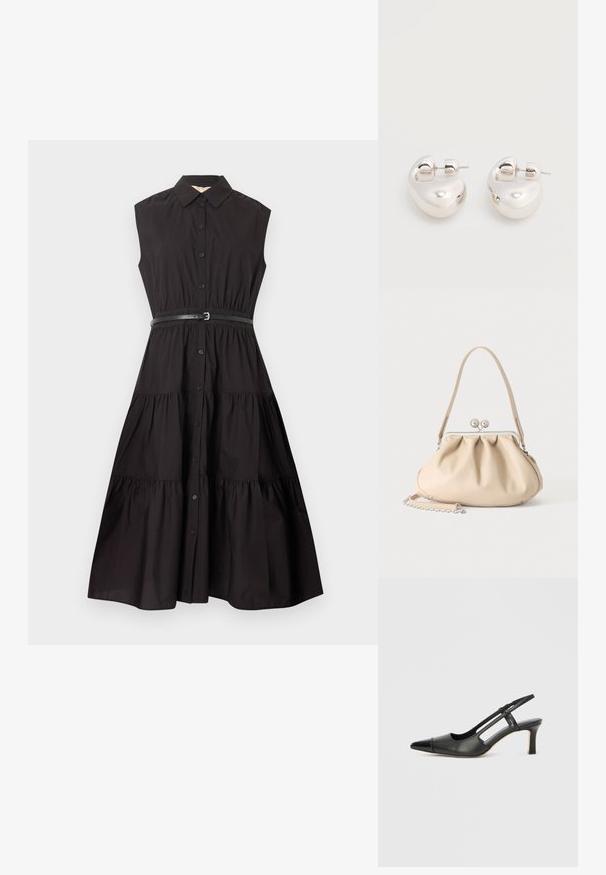 Robe midi noire sans manches avec fermeture à boutons sur le devant, jupe à volants, col pointu et ceinture noire fine à la taille.; Chaussure à bride arrière en cuir noir avec bout pointu, dotée d'un accent brillant sur le bout et d'un talon de hauteur moyenne. Design latéral ouvert.; Sac à main en cuir souple beige avec un fermoir en métal argenté, une bandoulière simple et une bandoulière chaîne optionnelle sur fond blanc.; Paire de boucles d'oreilles argentées brillantes et épaisses avec fermoirs à tige, sur fond blanc uni.