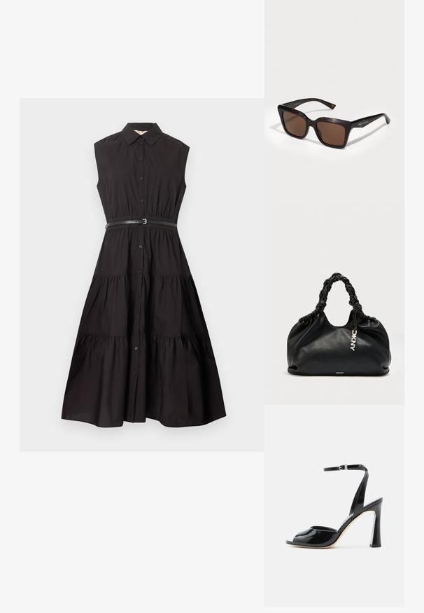 Robe midi noire sans manches avec fermeture à boutons sur le devant, jupe à volants, col pointu et ceinture noire fine à la taille.; Sandale à talon haut en cuir verni noir avec bout ouvert et fine bride à la cheville avec boucle sur fond blanc.; Lunettes de soleil écaille de tortue avec une forme rectangulaire large, verres marron et finition brillante. Présentent un détail de logo sur la branche.; Sac à main en cuir noir avec une forme souple et décontractée, des poignées tressées et une étiquette logo. Il présente un haut froncé et une texture lisse.
