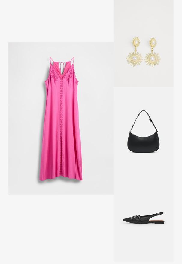 Roze mouwloze jurk met V-hals, voorzien van bloemrijke borduursels en een centrale rij lussen. Glad stof, lange, vloeiende silhouet.; Zwarte leren slingback ballerina met spitse neus, voorzien van twee horizontale bandjes en vierkante zilveren gespen, lage hak en een gladde textuur.; Pieces PCALUANA SHOULDER BAG - Handtas - black; Gouden oorbellen met een zonnestraalontwerp en getextureerde stralen, elk gecentreerd met een witte parel. Hangstijl met een studbasis.