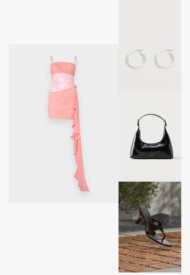Vaaleanpunainen cocktail-mekko, jossa on muotoiltu bodice, rypytys, pitsikoristeet, spagettiolkaimet ja drapattu frilla yhdellä puolella.; Ruskea Calvin Klein -merkkinen korkokenkäinen varvastossu roikkuu puulattialaattojen ja sorapinnan yläpuolella, taustalla sumeaa kasvillisuutta ja kiviä.; Musta kiiltävä Calvin Kleinin käsilaukku, jossa on kullanvärinen vetoketju ja lyhyt hihna, valkoista taustaa vasten.; Pari keskikokoisia kiiltäviä hopeanvärisiä renkaanmuotoisia korvakoruja, joissa on ohuet metalliklipsit vaalealla neutraalilla taustalla.