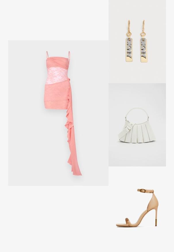 Roze cocktailjurk met een aansluitend lijfje met plooiing, kantaccenten, spaghetisbandjes en een gedrapeerde ruches aan één kant.; Naakt leren hoge hak sandaal met een slanke enkelband en een gouden gesp. Kenmerken zijn een vierkante teen en een taps toelopende hak met een gouden accent.; Lacoste LENGLEN BAG - Handtas - cristalline; Gouden rechthoekige druppelvormige oorbellen met fonkelende kristallen letters die "DKNY" spellen en kleine ronde sluitingen.
