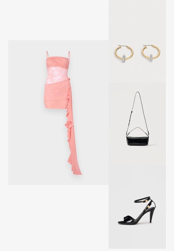 Rosa Cocktailkleid mit tailliertem Oberteil, Raffung, Spitzenakzenten, Spaghettiträgern und einem drapierten Volantdetail auf einer Seite.; Schwarze, lackierte High-Heeled-Sandalen mit doppelten Knöchelriemen und goldenen Schnallen, Zehen offen und schlankem, spitz zulaufendem Absatz auf neutralem Hintergrund.; Schwarze rechteckige Leder-Umhängetasche mit verstellbarem Schulterriemen, Reißverschluss oben und kleinem goldfarbenem Calvin Klein-Logo vorne.; Paar goldfarbene Creolen mit kleinem silberfarbenem Schlaufen-Detail an jeder, vor hellem grauem Hintergrund präsentiert.