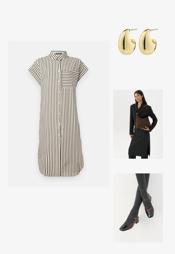 Vestido camisonero con cuello, mangas cortas, rayas verticales en blanco y negro, cierre de botones completo y un bolsillo en el pecho. Textura de tela suave.; Zapatos Mary Jane de cuero burdeos con una puntera de charol negra y una delgada correa al tobillo; llevados con calcetas de canalé gris oscuro. Tacón bajo tipo bloque.; Mujer vistiendo un blazer negro y una falda, sosteniendo un gran bolso de hombro de ante marrón oscuro frente a un fondo blanco.; Pendientes de stud en tono dorado con una superficie suave y pulida, que presentan una forma abstracta en forma de lágrima. Hardware de metal simple para la sujeción.